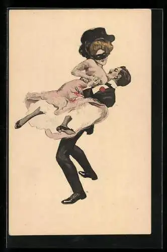 Künstler-AK Simplicissimus: Mann im Anzug und Frau mit einer Maske beim Tanzen