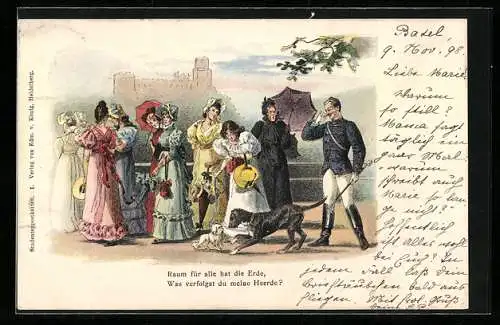 Lithographie Student mit Hund und Damengruppe mit Hündchen