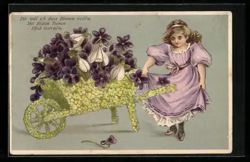 AK Mädchen mit Schubkarren voller Blumen