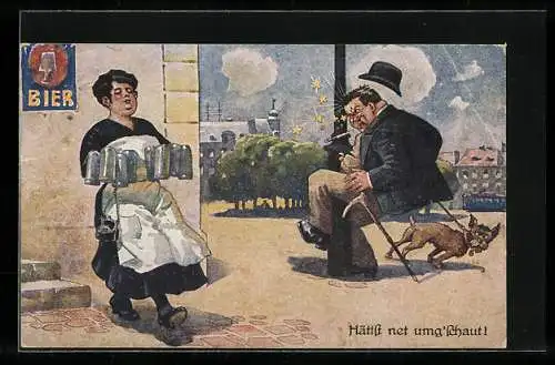 AK Herr schaut sich nach Wirtin um und läuft gegen Laternenpfahl, Trinkerhumor