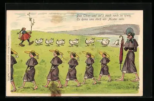 Lithographie Wörishofen, Frauen in einer Reihe und Enten