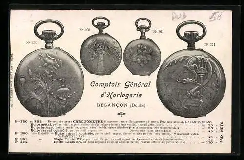 AK Besancon, Comptoir Général d`Horlogerie, Taschenuhr mit Jugendstil - Gehäuse