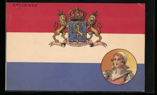 AK niederländische Flagge mit Wappen und Frauenportrait in Tracht