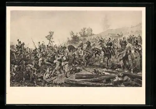 Künstler-AK Bleibtreu: Ankunft der Bayern vor Paris 1870 unter General von Hartmann, Schlachtgetümmel