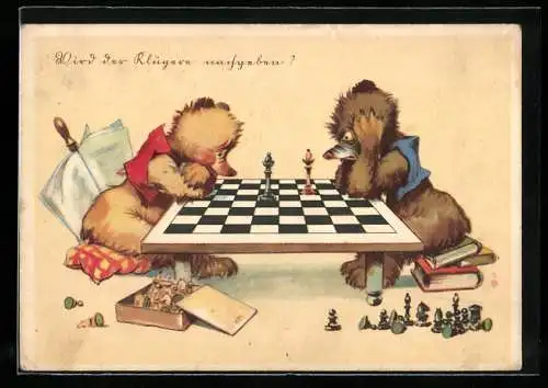 AK Teddybären spielen Schach wird der Klügere nachgeben?