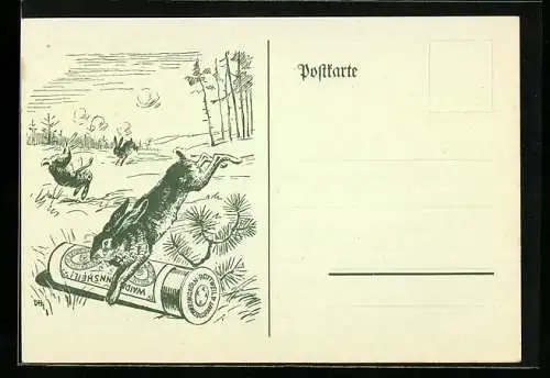 AK Einladung zur Jagd, Hase springt über eine Patrone