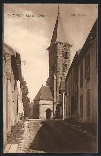 AK Cuisery, Rue de l`Église et son clocher majestueux