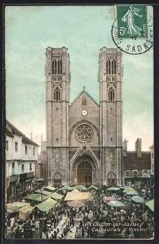 AK Chalon-sur-Saône, Cathédrale St Vincent et marché animé devant l`église