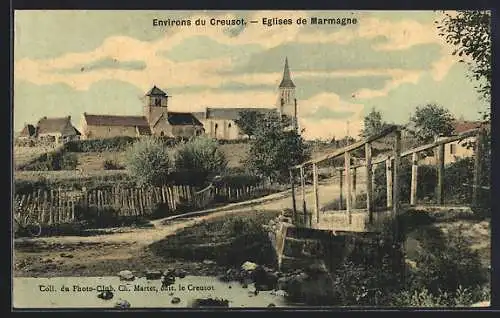 AK Marmagne, Églises et pont rustique en paysage rural