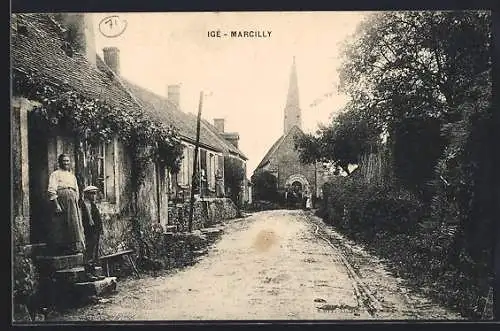 AK Igé, Rue de village avec église en arrière-plan