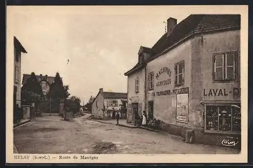 AK Melay, Route de Marcigny avec bâtiments et commerces locaux