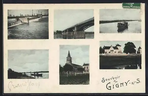 AK Gigny, Souvenir avec vues du pont, de l`église et de la rivière