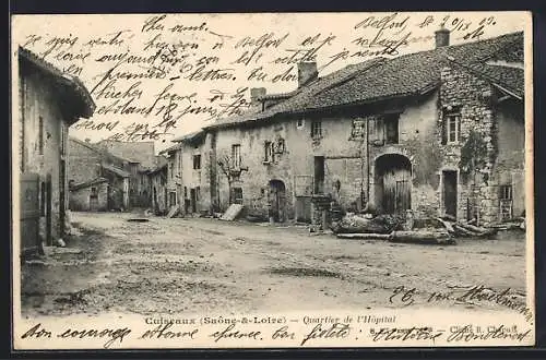 AK Cuiseaux, Quartier de l`Hôpital, rue avec maisons en pierre et toits en tuiles