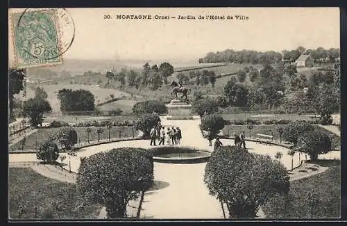 AK Mortagne, Jardin de l`Hôtel de Ville avec statue équestre et promenade paysagère