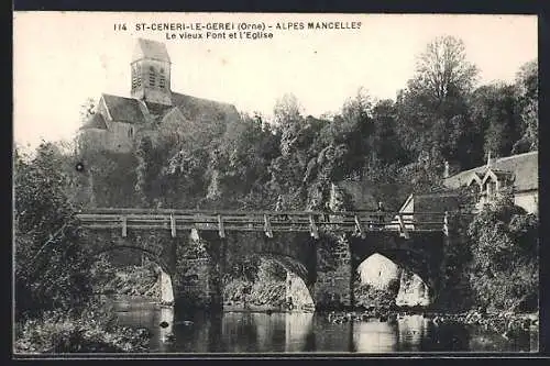 AK St-Ceneri-le-Gerei, Alpes Mancelles, Le vieux Pont et l`Eglise