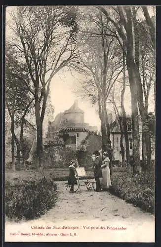 AK Alencon, Château des Ducs d`Alencon, vue prise des Promenades, un enfant devant un chevalet et ses parents