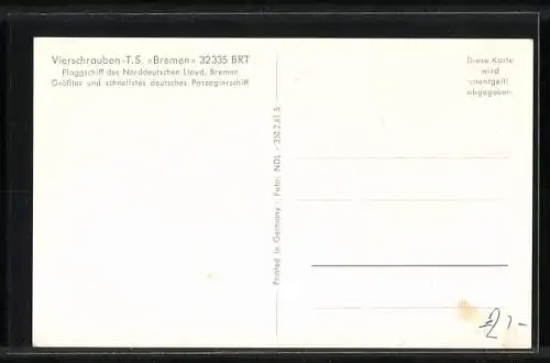 AK Passagierschiff TS Bremen auf hoher See, Norddeutscher Lloyd