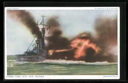 AK Ship firing four 12-in. Gun Salvoes, Kriegsschiff feuert Salven