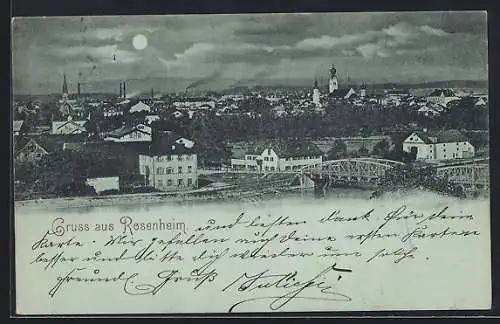 Mondschein-AK Rosenheim / Bayern, Blick über die Dächer
