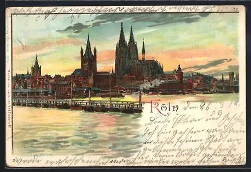 Lithographie Köln, Panorama von der Schiffsbrücke gesehen