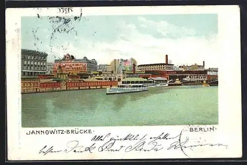 Lithographie Berlin, Jannowitz-Brücke mit Flusspartie und Schiffen