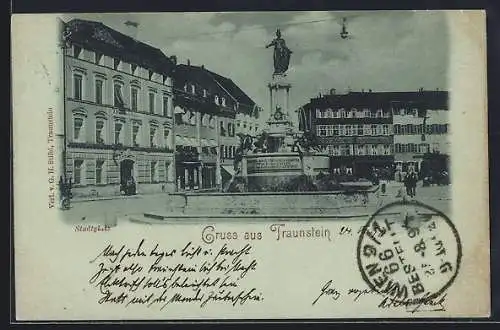 Mondschein-AK Traunstein, Brauerei und Denkmal auf dem Stadtplatz