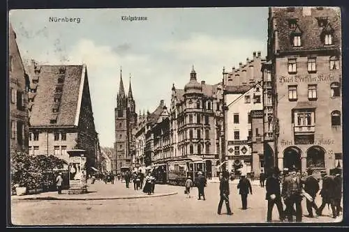 AK Nürnberg, Königstrasse mit Lorenzkirche, Hotel Deutscher Kaiser und Strassenbahn