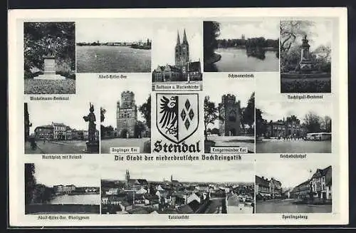 AK Stendal, Winkelmann-Denkmal, Reichsbahnhof, Marktplatz mit Roland