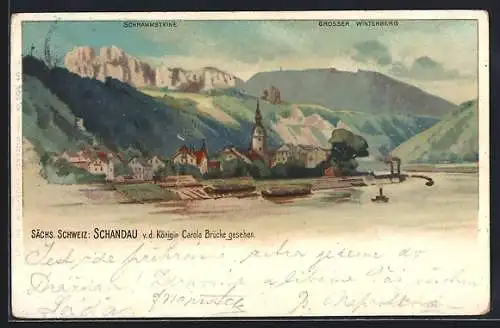 Lithographie Schandau /Sächs. Schweiz, Blick von der Königin Carola Brücke