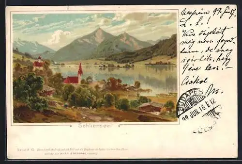 Lithographie Schliersee, Seepartie mit Kirche