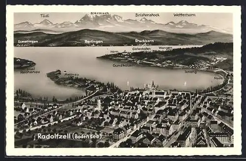 AK Radolfzell /Bodensee, Totalansicht mit Alpenpanorama