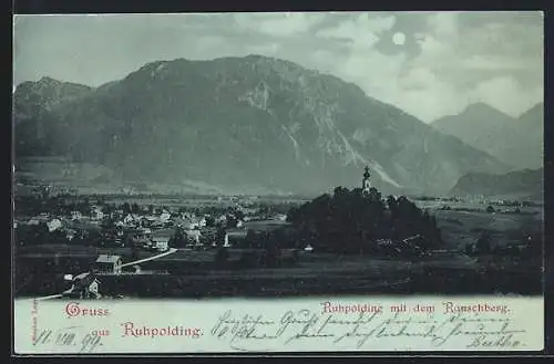 Mondschein-AK Ruhpolding, Ortsansicht mit dem Rauschberg