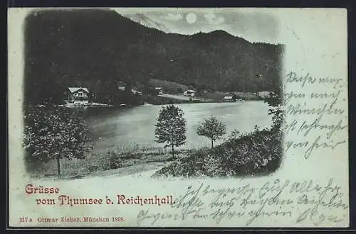 Mondschein-AK Thumsee b. Reichenhall, Uferpartie mit Bergpanorama