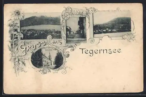 AK Tegernsee, Schloss, Strassenpartie und Totalansicht