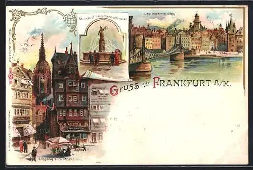 Lithographie Alt-Frankfurt, der eiserne Steg, Marktplatz und Gerechtigkeitsbrunnen