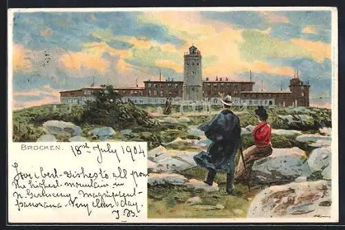 Lithographie Brocken, Wandersleute am Hotel