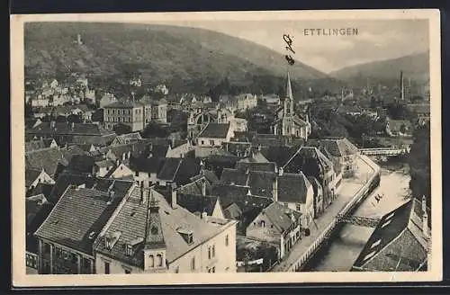 AK Ettlingen, Stadtansicht mit Fluss und Kirche