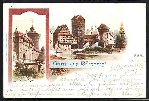 Künstler-AK Nürnberg, Festung und Flusspartie