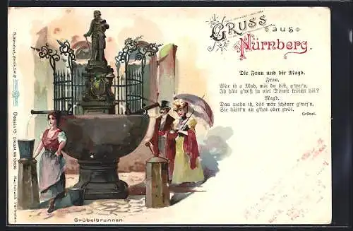 Lithographie Nürnberg, Die Frau und die Magd am Grübelbrunnen