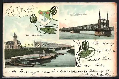 AK Kehl, Neue Rheinbrücke und alte Eisenbahnbrücke