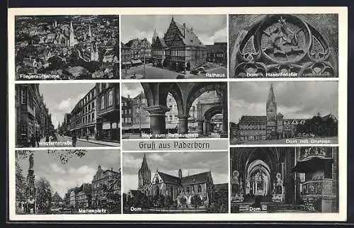 AK Paderborn, Rathaus, Westernstrasse, Marienplatz, Dom und Fliegeraufnahme