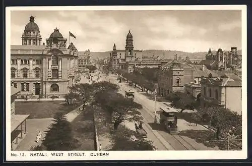 AK Durban, West Street with Tram, Strassenbahn