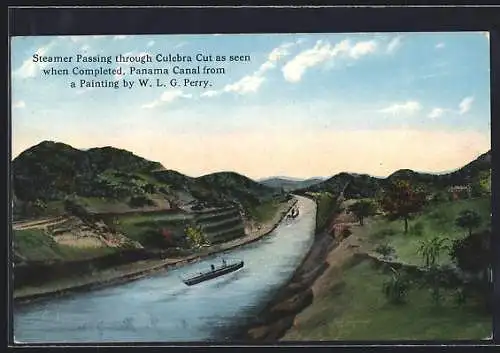 Künstler-AK Culebra Cut, Steamer Passing through Culebra Cut as seen when Completed Panama Canal