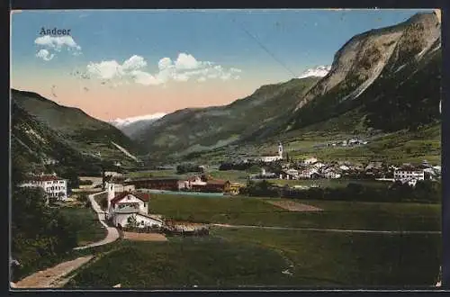 AK Andeer, Ortsansicht mit Bergpanorama