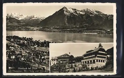 AK Hünibach bei Thun, Panorama mit Thunersee, Blümlisalp und Niesen