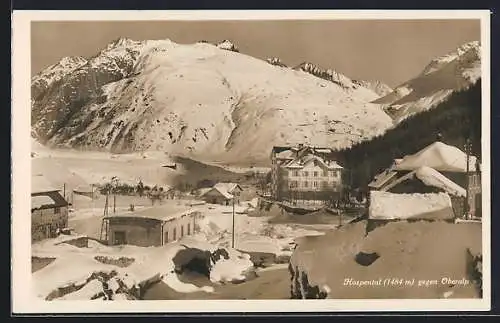 AK Hospental, Ortsansicht gegen Oberalp im Winter