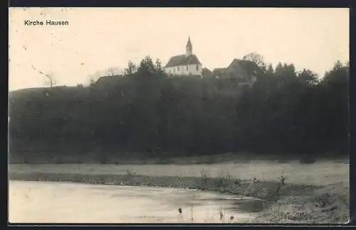 AK Ossingen / Hausen, Uferpartie mit Blick zur Kirche