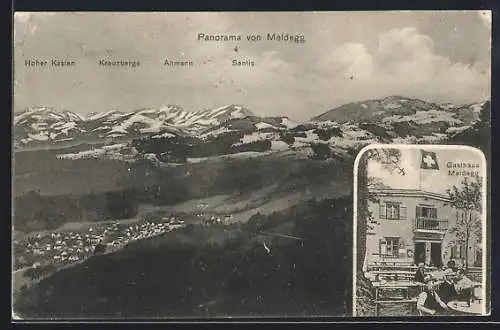AK Meldegg, Panoramablick und Partie am Gasthaus Meldegg