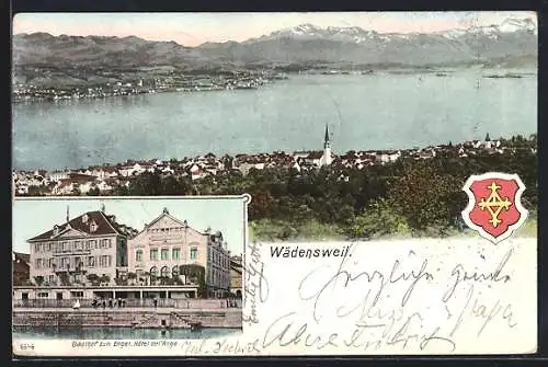 AK Wädensweil, Totalansicht am Ufer des Zürichsees, Wappen u. Gasthof zum Engel, Hôtel del`Ange