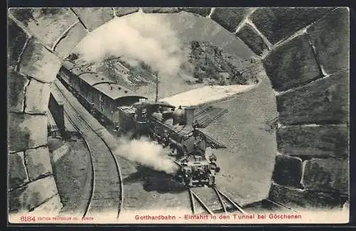 AK Goeschenen, schweizer Gotthardbahn bei der Einfahrt in den Tunnel